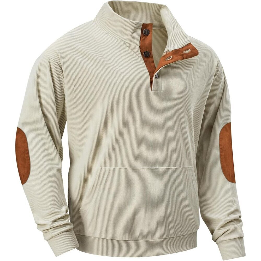 Mens Corduroy Sweatshirt Casual Stand Collar Quarter Fall Metal Button Pullover